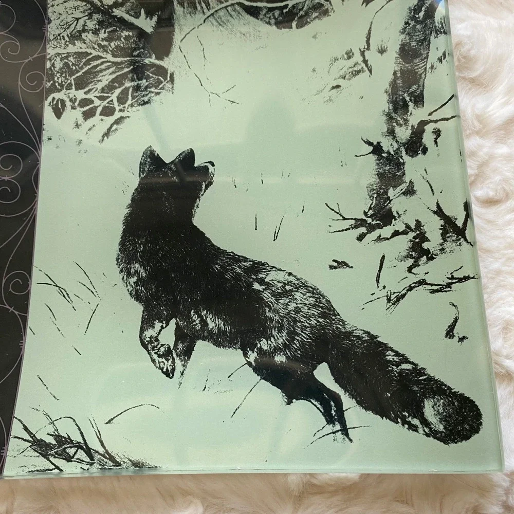 Anthropologie‎ Black Thistle Fox Plate Glass Decorative Tray Winter Whimsical
